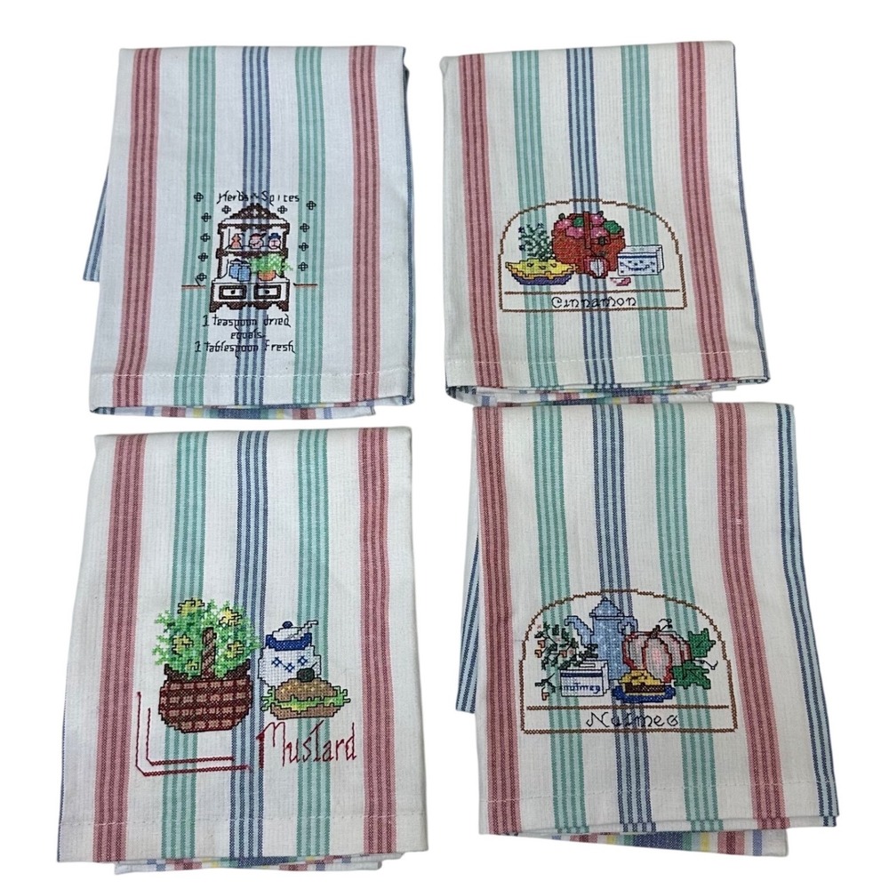 Martha Stewart Everyday Herbs Spices Striped Cross Stitch Kitchen Towels Set 4